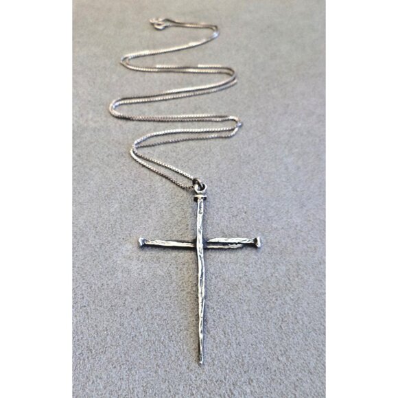 Vintage JAMES AVERY Brutalist STERLING Silver Nails CROSS PENDANT Sterling CHAIN - Picture 2 of 6
